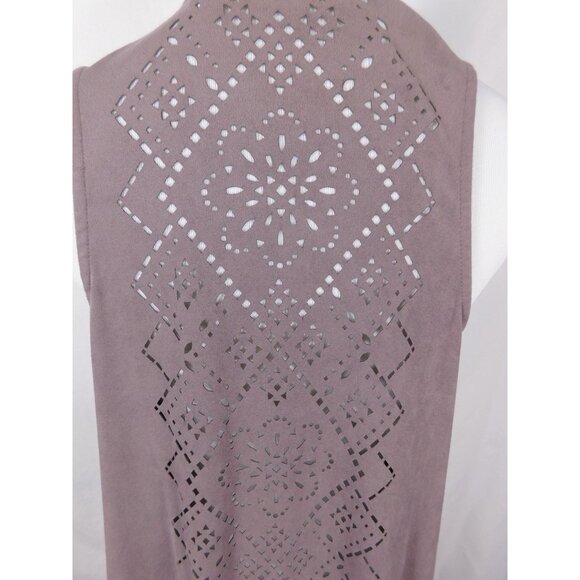 Cato Vest Womens Medium Taupe Open Front Sleeveless Laser Cut Back Faux Suede - Picture 6 of 12